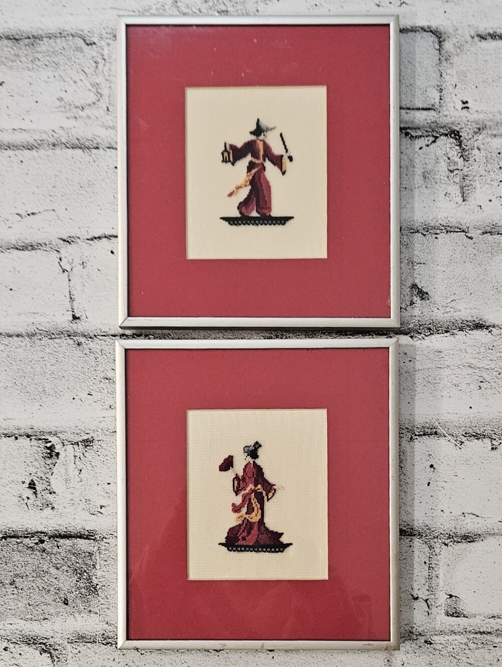 Vintage Asian Cross Stitch Framed Art Set Oriental Couple Wall Decor Pair